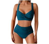 Womne's Bikini Sets, Ladies Swimming Costumes Twist Front Bikini Top & High Waisted Bikini Bottoms Plain Ruched Two Piece Swimsuit Tummy Control Modest Swimwear Bathing Suits Beachwear Green