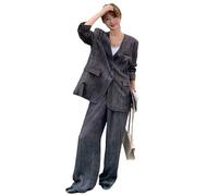 Womne's Office Cotton Linen Set Notched Single Breasted Blazer Casual Wide Leg Pants Gray Real Photo S