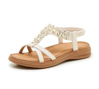Wondamo Womens Sandals Bohemian Flat Sandals Open Toe Summer Beach Shoes with Crystal Rhinestone Breathable PU Leather Non Slip Walking Sandals,White,4UK