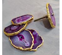 Wonder Care Agate knobs for Dresser Drawers, Agate Slice pulls for Cabinet Doors Cupboard Decorative Wardrobe Handles Furniture Hardware, Golden electroplated Edges (Pack of 5) Purple