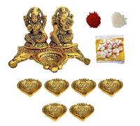 Wonder Care Ganesha Lakshmi Statue Sculpted in Great Detail in Ivory Antique Finish Metal Diya for Diwali Pooja Oil Lamp- Ganesh Idol for Car | Home Decor | Mandir | Gift | Hindu God Idol