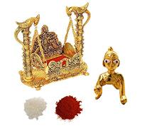 Wonder Care Laddu Gopal with jhula for janmashtami Combo Jamashtami Gift Basket with Card Baby Krishna Jhula for laddu Gopal with Roli Chawal Tika Bal Krishn Statue and Jhula Swing