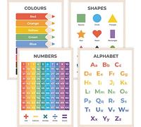 Wonder Tots Alphabet Poster, Numbers, Colours, 2D Shapes - ABC Preschool Kids Learning Wall Charts, Educational Posters for Children, Nursery Decor (4 Pack, A3 Laminated)