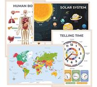 Wonder Tots World Map, Solar System, Telling Time, Human Body Poster - Kids Learning Wall Chart, Educational Posters for Children, Home Schooling, Classroom Decor (4 Pack, A3 Laminated)