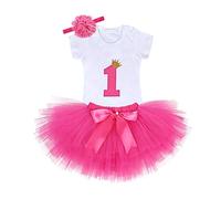 WonderBabe Baby Girls Newborn 1st Birthday Outfit Crown Digital Print Short Sleeve Romper Top Tutu Tulle Skirt with Headband 3 PCS Set Rose Red