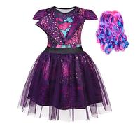 WonderBabe Descendants Costumes for Girls Dragon Mal Fancy Tulle Mesh Dress Popular Musical Cosplay Kids Outfit with Wig size 3 4t