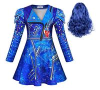 WonderBabe Evie Costume Girls Halloween Cosplay Costume Girls Princess Birthday Party Long Sleeve Dress Outfits with Bule Wig