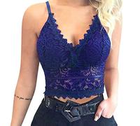 WonderBabe Ladies Sexy Lace Bralettes Women's Floral V Neck Adjustable Strap Tank Crop Tops Cami Vest Bra Bustier Blue Size XL