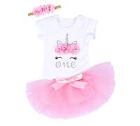 WonderBabe Unicorn 1st Birthday Outfit Baby Girl My First Birthday Cake Smash Photo Shoot Romper Tops Tutu Skirt with Headband Pink One Year