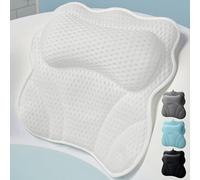 WONDERfoam Thick Padded Ergonomic Bath Pillow for Tub, Bathtub Headrest Neck and Back Support, Strong Suction Cups, Machine Washable Breathable Mesh Quick Dry Pillows, Luxury Spa Accessories, White