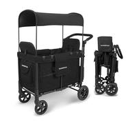 WONDERFOLD W2 Original Double Stroller Wagon Featuring 2 High Face-to-Face Seats with 5-Point Harnesses, Easy-Access Front Zipper Door, and Removable UV-Protection Canopy, Black