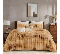 Wonderful 3 Pieces Fluffy Faux Rabbit Fur Bubble Comforter Set Queen Size, Tie-Dyeing Caramel Plush Fuzzy Bedding Set, Warm Soft Bubble Comforter Bedding Set for Winter