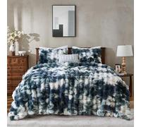 Wonderful 3 Pieces Fluffy Faux Rabbit Fur Bubble Comforter Set Queen Size, Tie-Dyeing Dark Teal Plush Fuzzy Bedding Set, Warm Soft Bubble Comforter Bedding Set for Winter