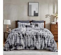 Wonderful 3 Pieces Fluffy Faux Rabbit Fur Bubble Comforter Set Queen Size, Tie-Dyeing Multiple Grey Plush Fuzzy Bedding Set, Warm Soft Bubble Comforter Bedding Set for Winter