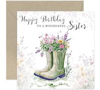 Wonderful Birthday Cards for Sister - Gardening Themed Birthday Cards for Her - Green Wellies with Flowers Design - Heartfelt Floral Birthday Gifts for Women - For Gardeners