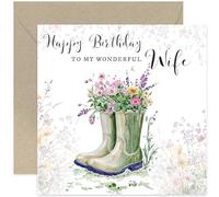 Wonderful Birthday Cards for Wife - Gardening Themed Birthday Cards for Her - Green Wellies with Flowers Design - Heartfelt Floral Birthday Gifts for Women - For Gardeners