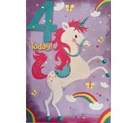 WONDERFUL COLOURFUL GLITTER COATED UNICORN 4 TODAY 4TH BIRTHDAY GREETING CARD