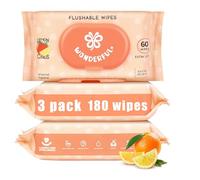 WONDERFUL Flushable Butt Wipes, Lemon Citrus 100% Plant-Based Wet Wipes for Adults & Kids; Sewer, Septic Safe; Gentle on Sensitive Skin, Wipes Flushable Pack for Bathroom & Travel, 3-Pack (180 Count)