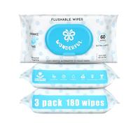 WONDERFUL Flushable Butt Wipes, Unscented 100% Plant-Based Wet Wipes for Adults & Kids, Sewer & Septic Safe, Gentle for Sensitive Skin, Wipes Flushable Pack for Bathroom & Travel, 3-Pack (180 Count)