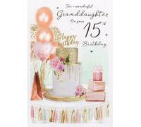 Wonderful Granddaughter 15th Birthday Card - Age 15 - Sparkly Celebration Cake and Balloons Embossed with Foil Details - By ICG