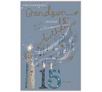ICG Wonderful Grandson 15th Birthday Card - Age 15 - Music Notes and Candles Embossed with Foil Details