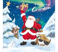 Wonderful Grandson Christmas Card - Raymond Brigg Father Christmas and Animals Design - Special Finish - Made in the UK - Eco-Friendly
