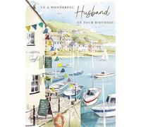 Wonderful Husband Birthday Card - Boats and Cafe at the Harbour with Foil Finish - Eco-Friendly and Recyclable - by Paper House