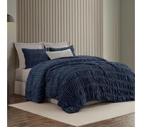 Wonderful Luxury Ruched Velvet King Size Navy Quilt Set, Handcrafted Quilted 3 Piece Ruffle Crinkle Striped Reversible, Cotton-Like Feel, Fluffy Lightweight Comforter Bedding Set