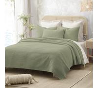 Wonderful Natural Linen Cotton Quilt - Wave Stitched Sage Green Queen Quilt, 100% Cotton Filling, Pre-Washed, Soft & Breathable, Hypoallergenic, All-Season Use, Bedspread & Coverlet Bedding, 104"x94"