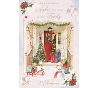 ICG Wonderful Nephew and your Lovely Family Christmas Card - Festive Porch and Snowman Embossed with Foil and Flitter Details