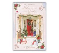 Wonderful Nephew and your Lovely Family Christmas Card - Festive Porch and Snowman Embossed with Foil and Flitter Details - By ICG