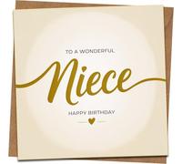 Wonderful Niece Birthday Card - Square 145mm x 145mm - Elegant Gold Script Design with Heart - Cream Greeting Card with Kraft Envelope - Happy Birthday Card for Niece