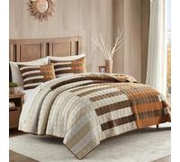 Wonderful Patchwork Quilt Set Queen Size Bedding Stitch Coverlet Luxury Piano Key Design Bedspread Brown Beige Chic Bed Cover Velvet Lightweight Comforter Soft Brushed Microfiber Back for All Seasons