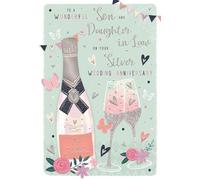 Wonderful Son and Daughter-in-Law 25th Milestone Anniversary Card - 25 Years - Silver Wedding Champagne Bottle with Glasses and Hearts Embossed with Foil Details - Eco-Friendly - by ICG