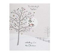 Wonderful Wife Christmas Card (PLK-XTB505) - Robins In Heart Tree - Silver Embossed - Finished With Gems