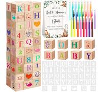Wonderjune 147 Pcs Baby Shower Blocks Games Sets, 80 DIY Blank Wooden Block 42 Stencils 24 Watercolor Marker 1 Decorate a Block Game Sign for Gender Reveal Baby Shower Party Supplies(Forest Animal)