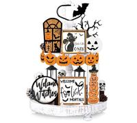 Wonderjune 19 Pcs Halloween Tiered Tray Decor Pumpkin Tray Decorations Halloween Wooden Signs and Bead Garland Farmhouse Rustic Halloween Decorations for Home Table Party Supplies