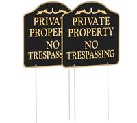 Wonderjune 2 Pack No Trespassing Private Property Signs 12" X 12" Metal Construction Aluminum Waterproof Yard Sign with Stake for Front Door Lawns Gardens and Business Outdoor for Home