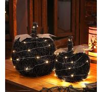 Wonderjune 2 Pcs Rattan Lighted Pumpkin Fall Decorations Artificial Rattan Pumpkin Lanterns LED Fall Lighted Harvest Indoor Outdoor Halloween Thanksgiving Decor Porch (Black,8 6 Inch)
