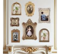 Wonderjune 7 Pcs Vintage Picture Frames Set with Glass Front Antique Gold Gallery Wall Frame for 4x6, 5x7 Baroque for Home Decor Photography Props Gifts, Wall or Tabletop(Victorian)