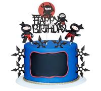 Wonderjune 9 Pcs Ninja Happy Birthday Cake Toppers Black Red Glitter for Ninja Theme Birthday Party Karate Kung Fu Warriors Cake Decorations Supplies