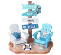Wonderjune Beach Chair Resin Figurine 7x7 Inch Coastal Nautical Summer Decor with Adirondack Chairs and Sign Blue Beach House Tabletop Decoration for End Table Mantle or Housewarming Gift