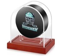 Wonderjune Clear Hockey Puck Display Case Acrylic Hockey Puck Holder with Wood Base Hockey Puck Display Stand for Autographed Collectibles Souvenir