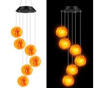 Wonderjune Marigold Solar Wind Chimes for Outside, LED Marigold Flowers Lights Dia De Los Muertos Day of The Dead Decorations for Halloween Indian Party Diwali Puja Gifts
