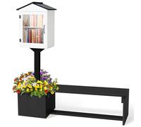 Wonderjune Wooden Little Library Box and Bench Set Outdoor Free Library, Double Outdoor Box with Matching Wooden Seats Floor Plugs and Small Flower Fence for Neighborhoods, Community(Black and White)