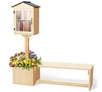 Wonderjune Wooden Little Library Box Outdoor Free Library, Double Outdoor Box with Matching Wooden Seats Floor Plugs and Small Flower Fence for DIY Neighborhoods, Community, Literature, Newspapers