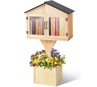 Wonderjune Wooden Little Library Box Outdoor Free Library, Large Size, Double Door Box Storage with Floor Plugs and Small Flower Fence for DIY Neighborhoods, Community, Literature, Newspapers