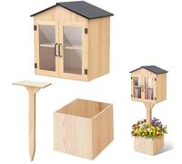 Wonderjune Wooden Little Library Box Outdoor Free Library, Large Size, Double Door Double Layer Two Door Box Storage with Floor Plugs and Small Flower Fence for DIY Neighborhoods, Community