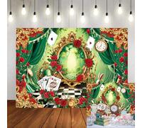 Wonderland Photo Backdrop Enchanted Tea Party Checkerboard Rabbit Green Curtain Red Rose Photography Background Princess Girls Kids Baby Shower Birthday Banner Cake Table Decorations 8x6FT