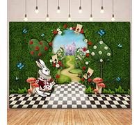 Wonderland Photo Backdrop for Birthday Photography,Wonderland Tea Party Backdrops Fairy Castle Green Grass Fence Wonderland Background for Gril Birthday Decorations Banner Newborn Portrait Prop 10x7ft